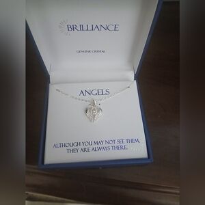 Angels Silver Heart Pendant Necklace with Crystal Accent